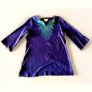 🦆QUACKER FACTORY🦆 SEQUIN NECKLINE CHEST 3/4 SLEEVE SIDE SLITS TUNIC TOP🦋